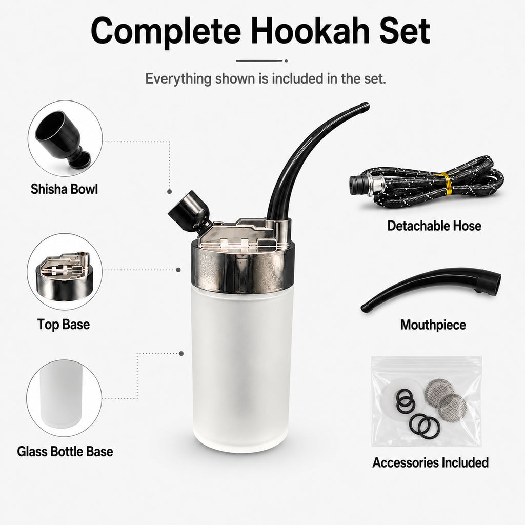 Compact Mini Hookah Set with Frosted Glass Bottle Base, Detachable Braided Hose, Black Curved Mouthpiece, Shisha Bowl & Accessories Bag