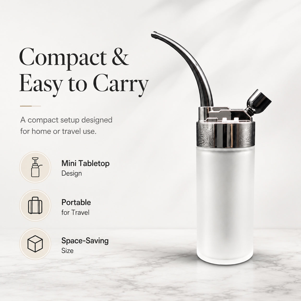Compact Mini Hookah Set with Frosted Glass Bottle Base, Detachable Braided Hose, Black Curved Mouthpiece, Shisha Bowl & Accessories Bag