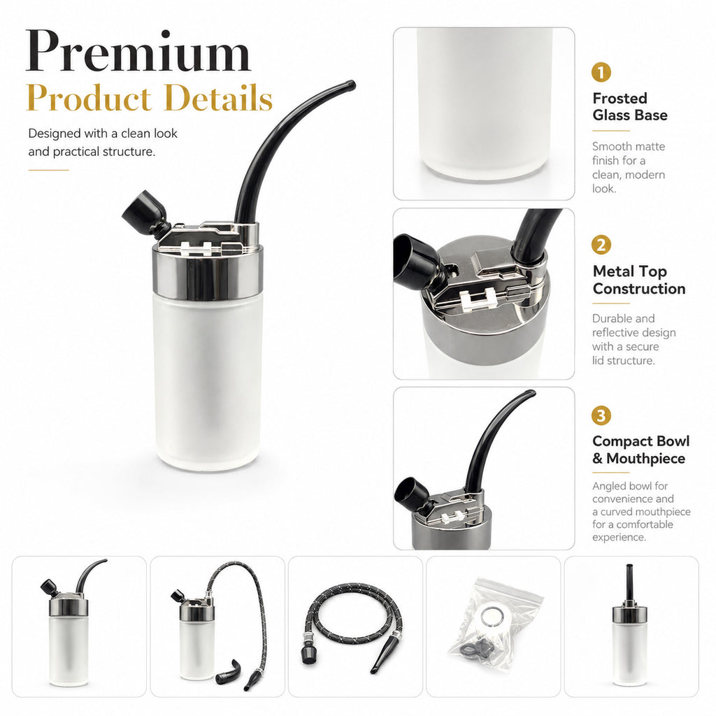Compact Mini Hookah Set with Frosted Glass Bottle Base, Detachable Braided Hose, Black Curved Mouthpiece, Shisha Bowl & Accessories Bag