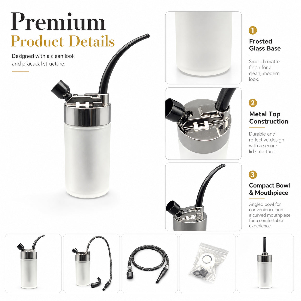 Compact Mini Hookah Set with Frosted Glass Bottle Base, Detachable Braided Hose, Black Curved Mouthpiece, Shisha Bowl & Accessories Bag