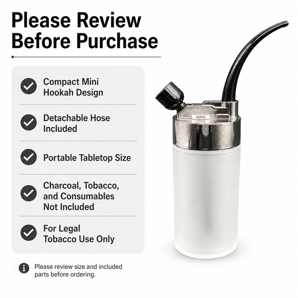 Compact Mini Hookah Set with Frosted Glass Bottle Base, Detachable Braided Hose, Black Curved Mouthpiece, Shisha Bowl & Accessories Bag
